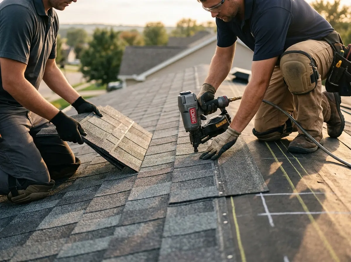 Professional roofer working on a residential roof in Decatur